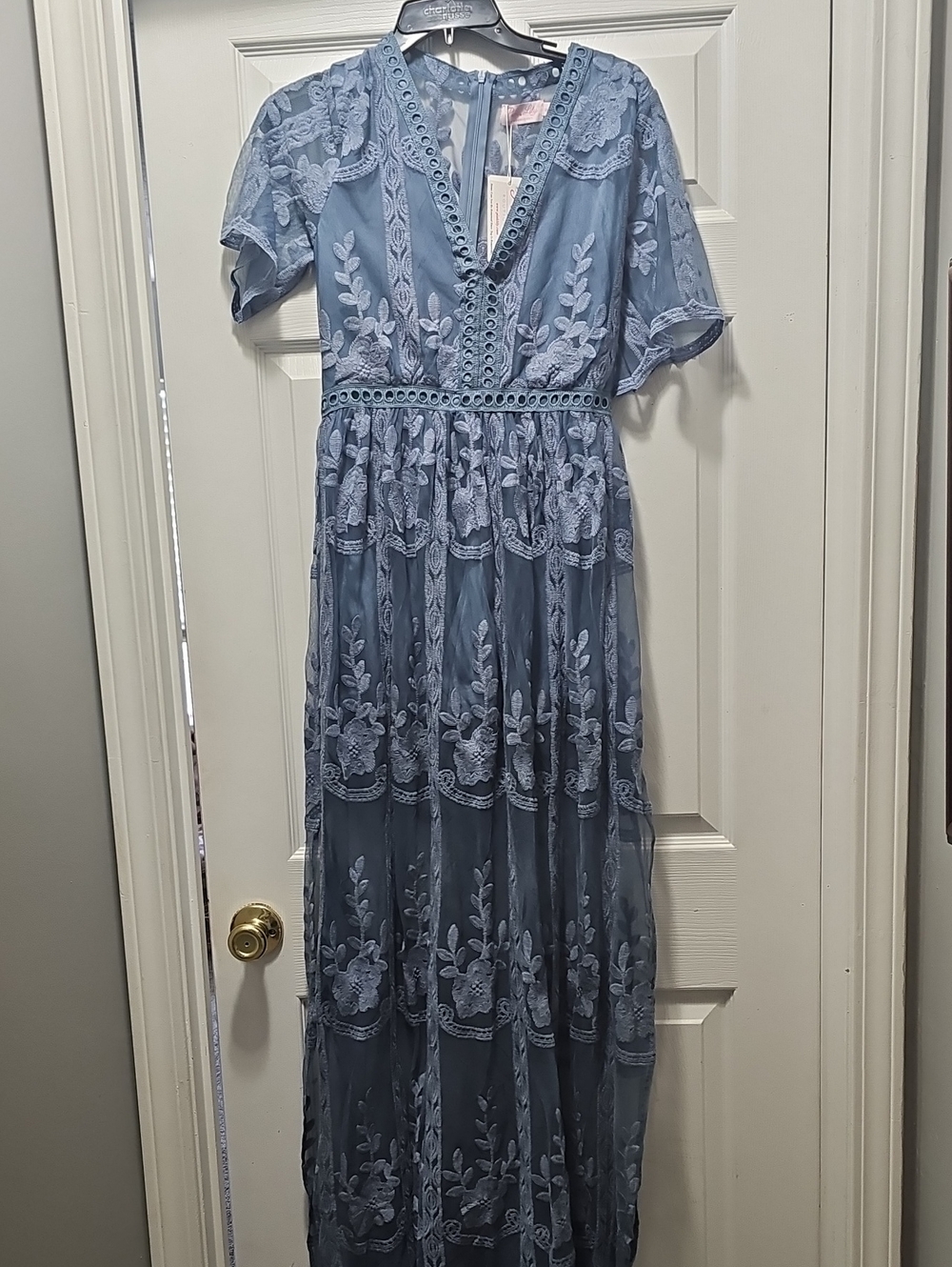 Pink Lily Dusty Blue Floral Embroidered Maxi Dress